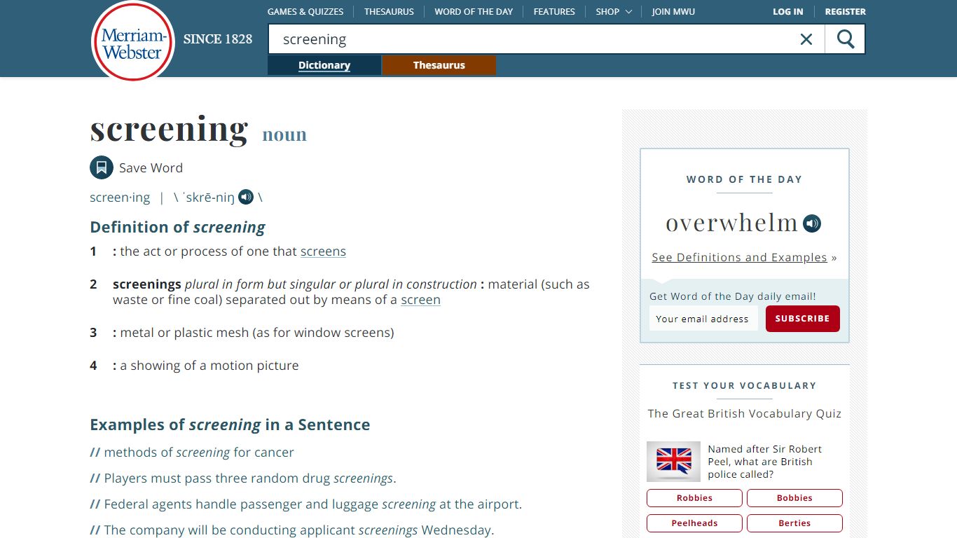 Screening Definition & Meaning - Merriam-Webster